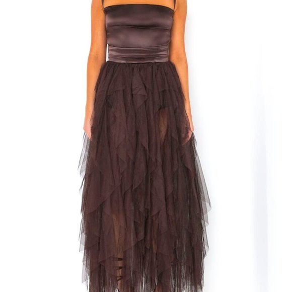 Stasia Chocolate Tulle: Brown Maxi Satin Tube Dress Small - Picture 2 of 5